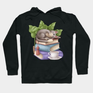 Cute Cat Napping on Books with Tea Hoodie